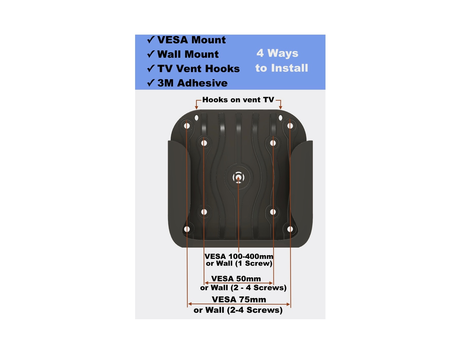 Diagram showing VESA, wall, TV vent hook, and 3M adhesive mounting options