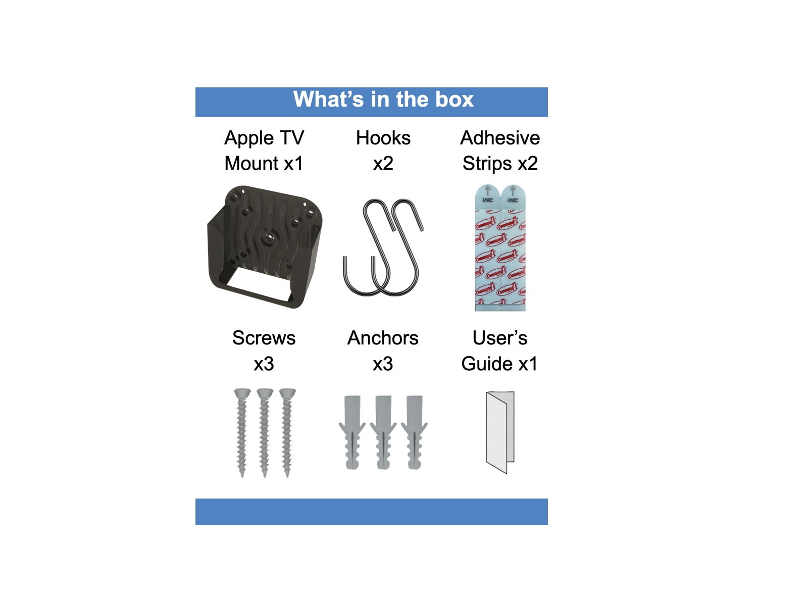 Package contents: Apple TV mount, two hooks, two 3M Command strips, three screws, three anchors, and printed guide