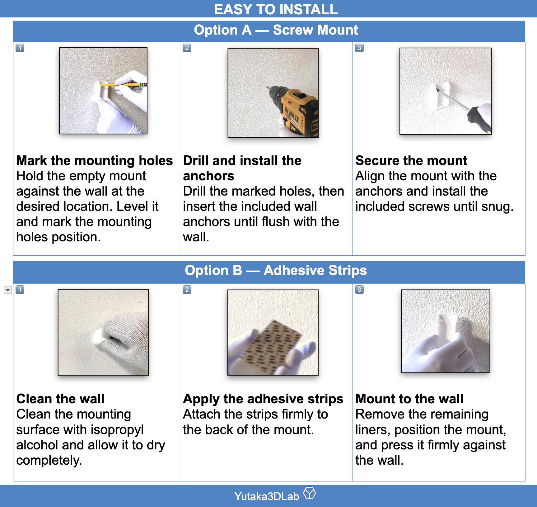 Screw and adhesive installation steps for Siri Remote Wall Mount