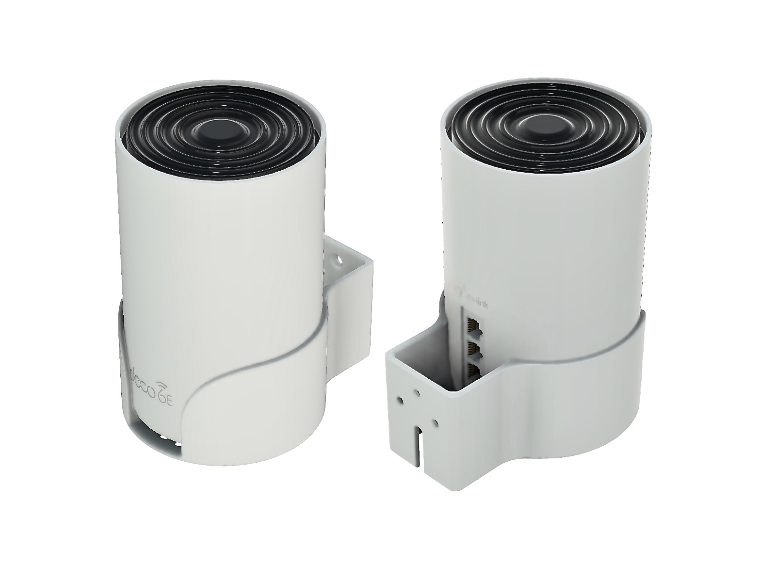 Front and back views of the Deco XE75 in the mount showing power and Ethernet cable access
