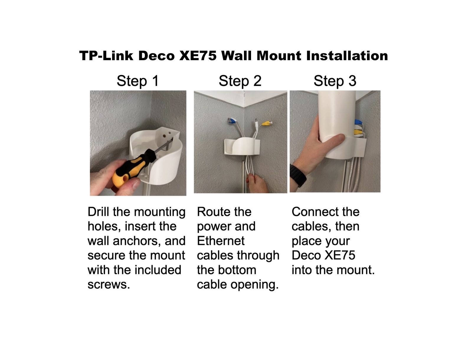 Three-step installation guide for the TP-Link Deco XE75 wall mount