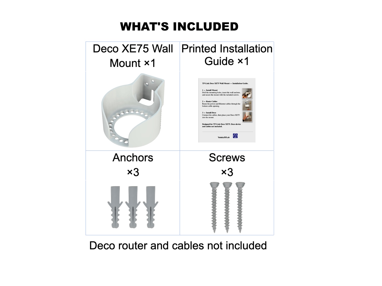 TP-Link Deco XE75 wall mount with three screws, three anchors, and printed installation guide